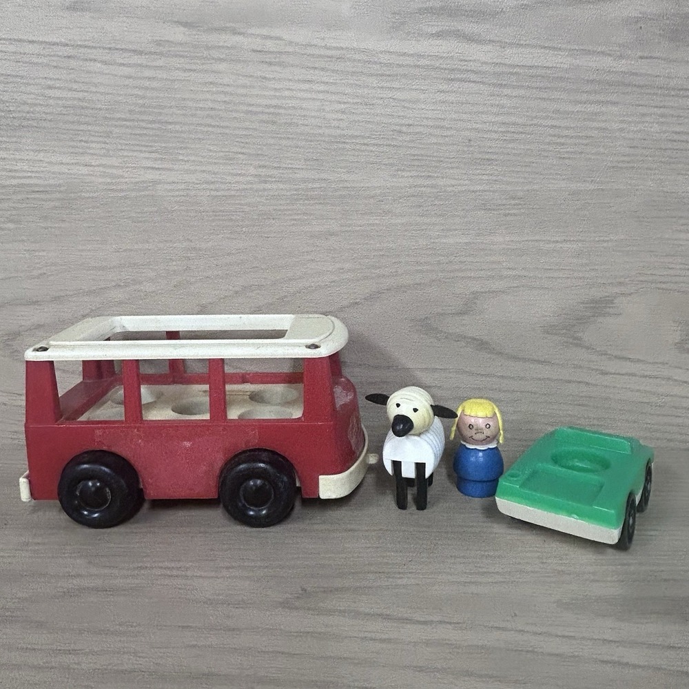 Classic Vtg Fisher Price Little People Car Mini-Bus Wood Girl Lamb 4 Piece Lot